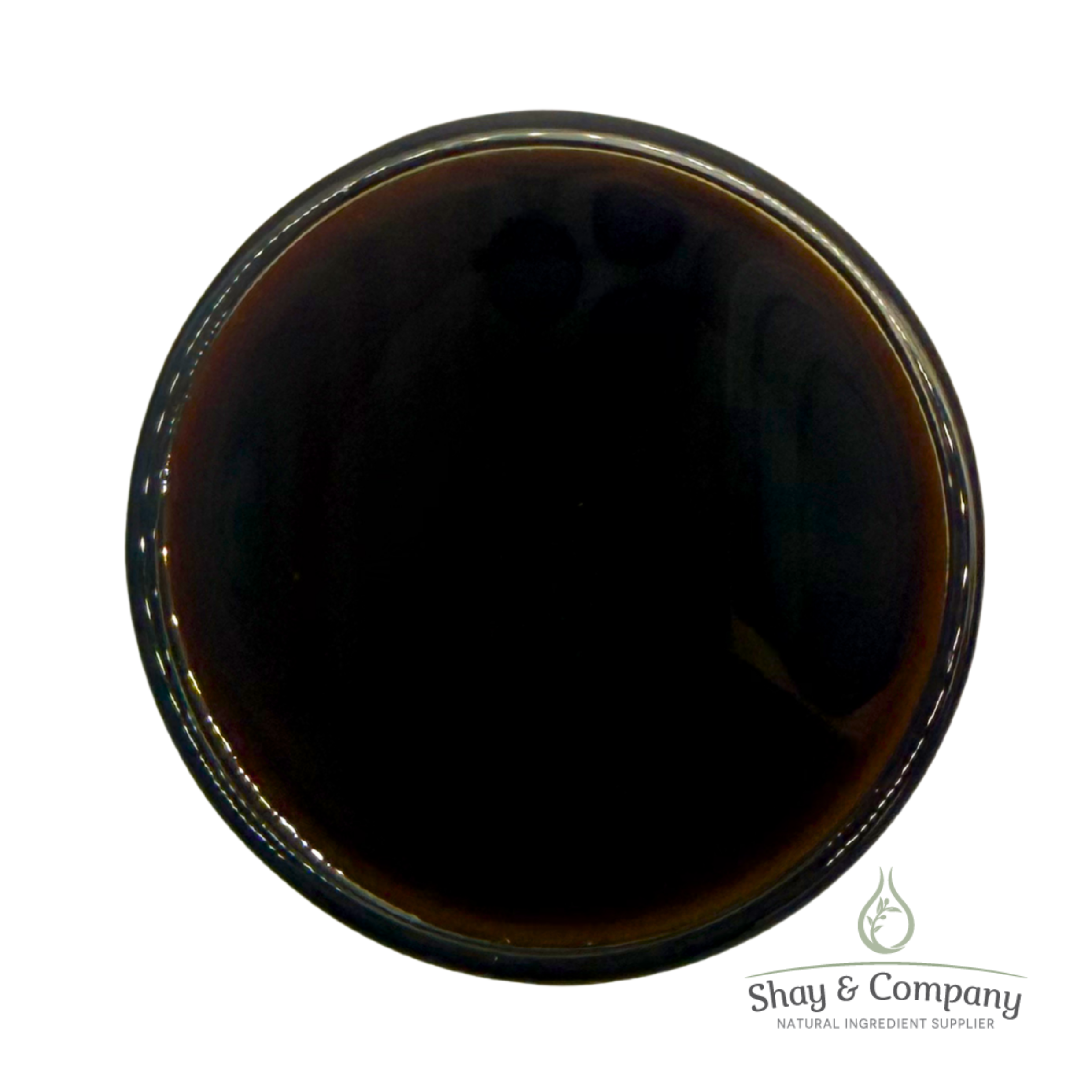 Dark brown liquid in clear container with Shay & Company natural ingredient supplier logo.