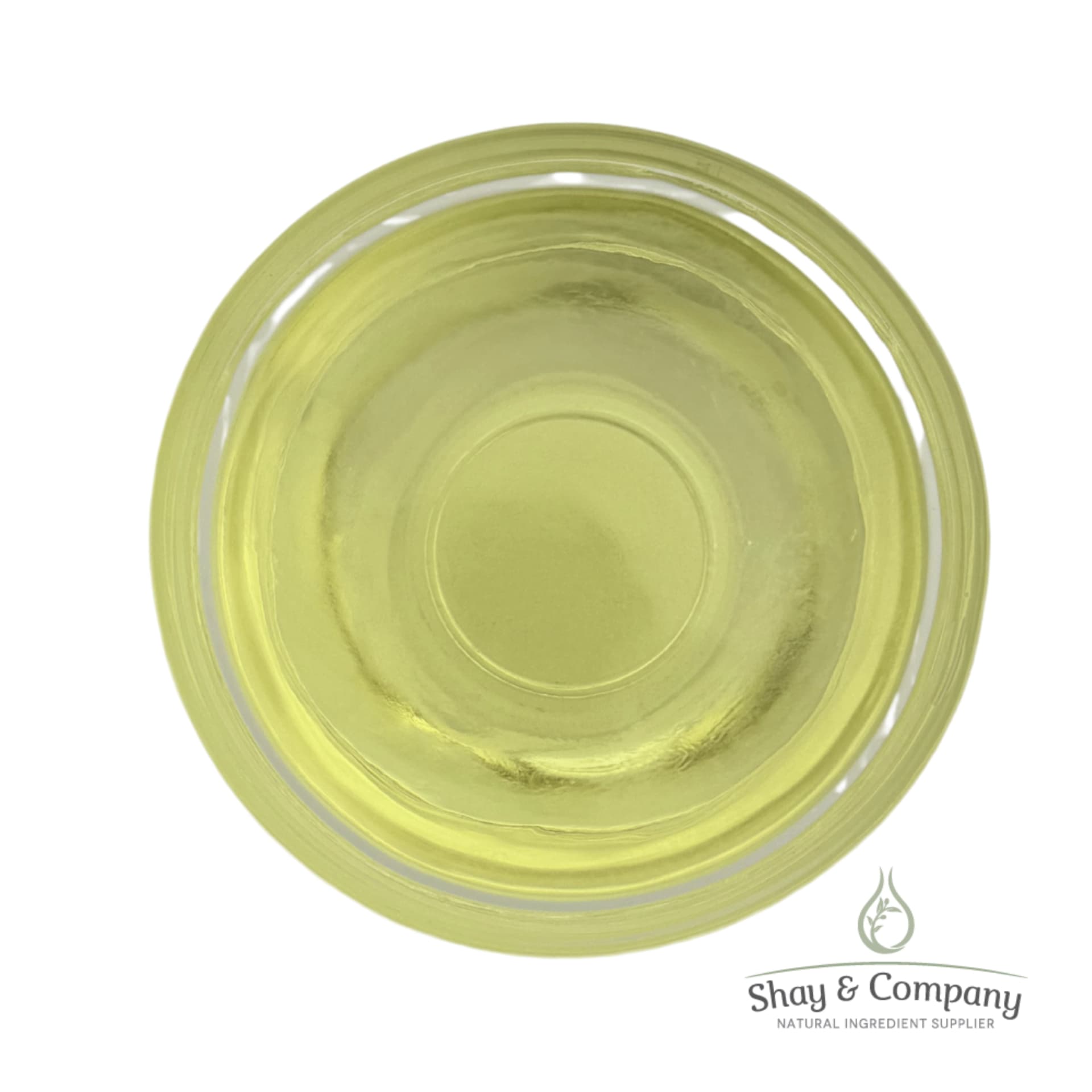 Top view of pale yellow natural oil in a glass dish from Shay & Company ingredient supplier.