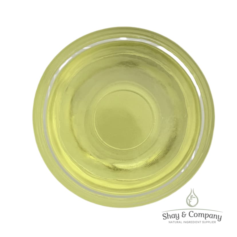 Top view of pale yellow natural oil in a glass dish from Shay & Company ingredient supplier.