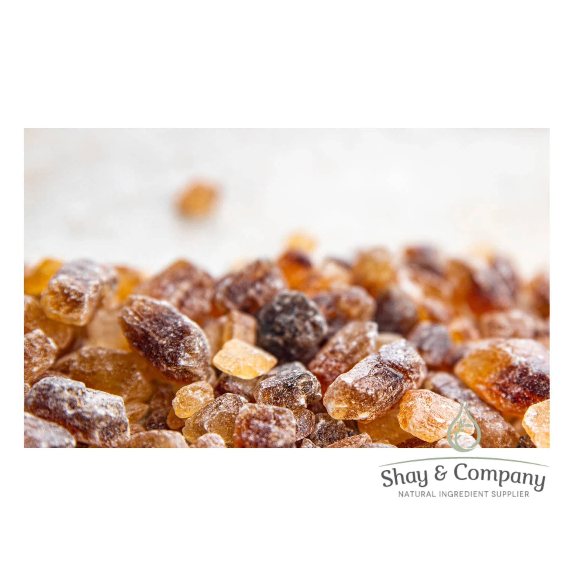 Close up of Myrrh nuggets on a white background.