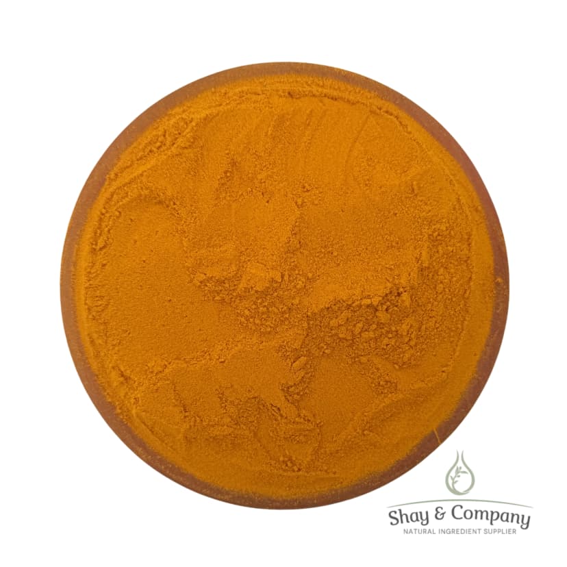 Turmeric powder in a wooden bowl from Shay & Company natural ingredient supplier.