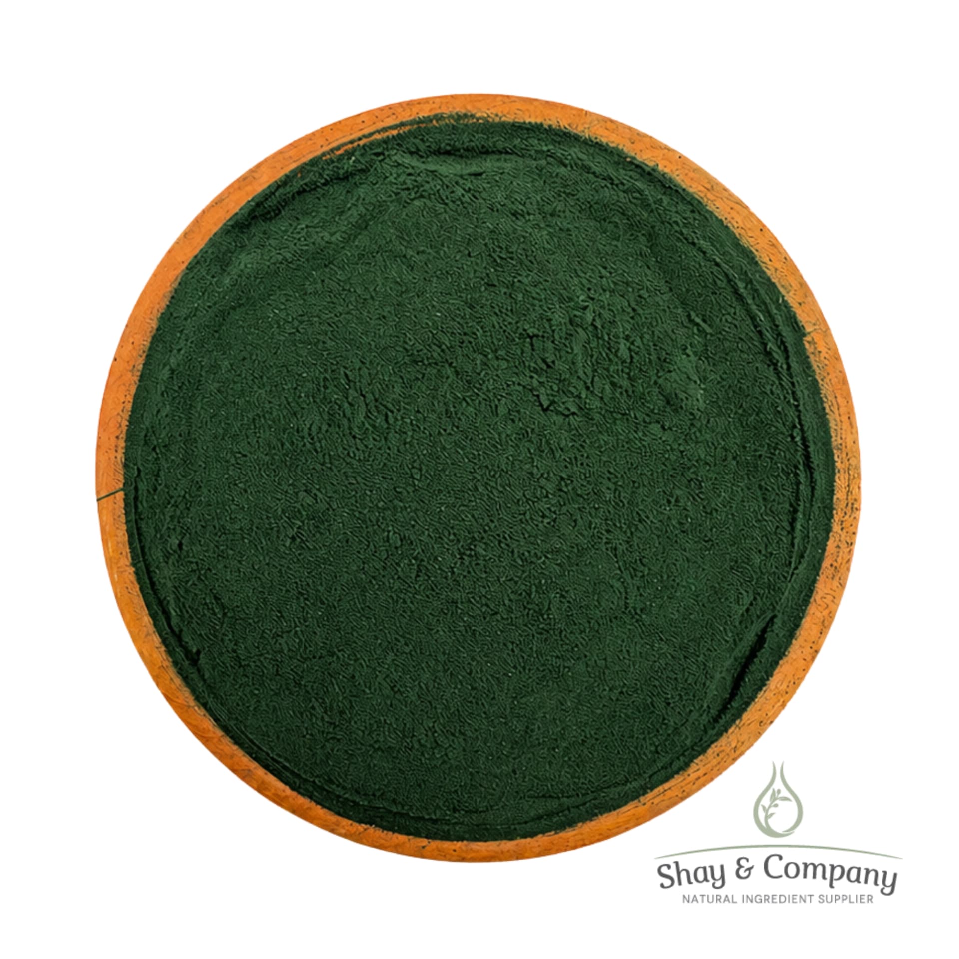 Dark green spirulina powder in wooden bowl from natural ingredient supplier.