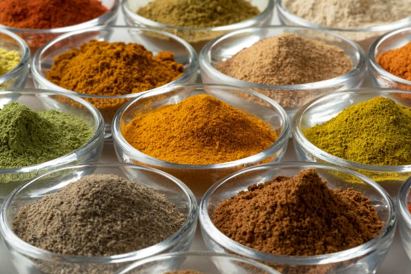 Glass bowls with variation of colorful powder herbs full frame