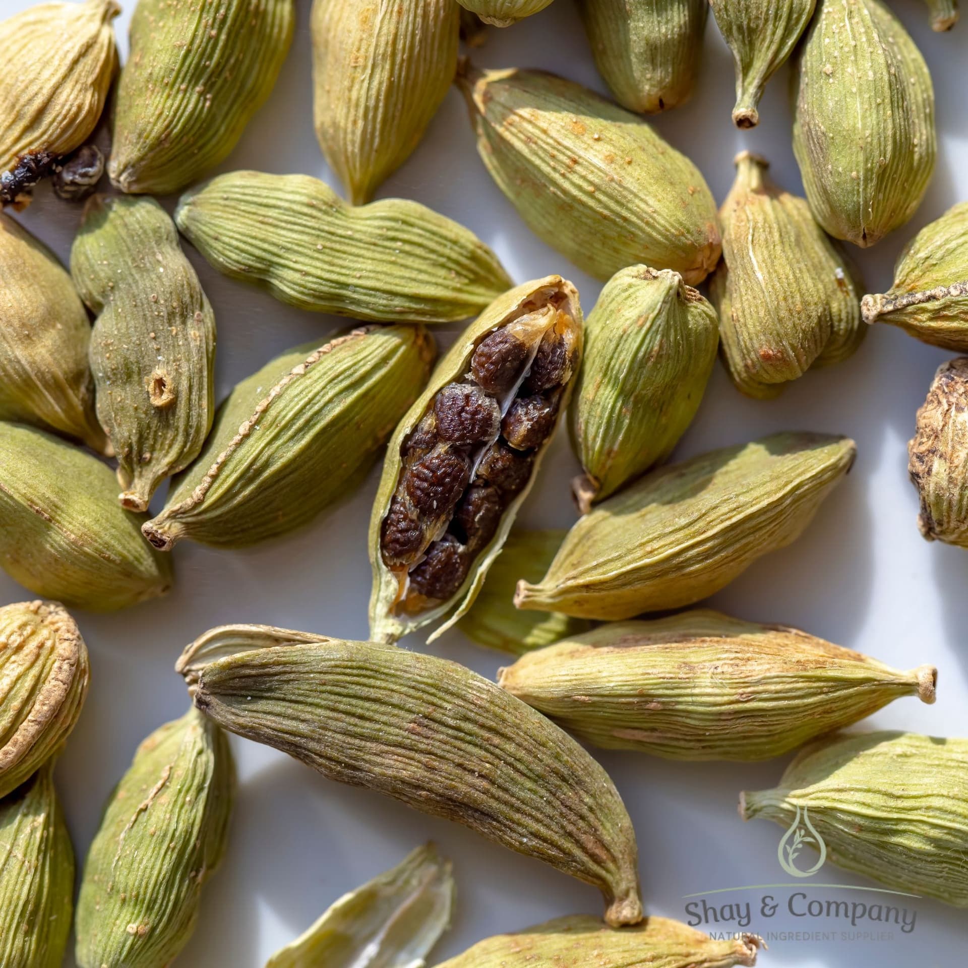 Green cardamom pods with one opened to reveal dark brown seeds inside.