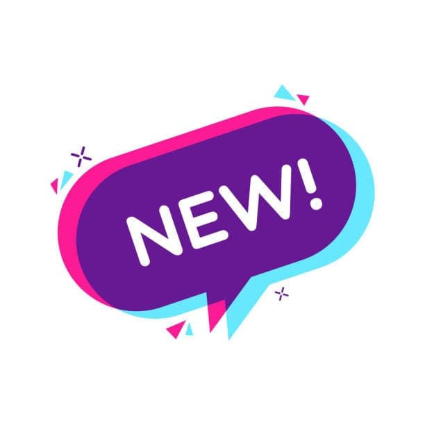 Vibrant purple and cyan speech bubble with "NEW!" text, decorated with pink and blue geometric shapes.