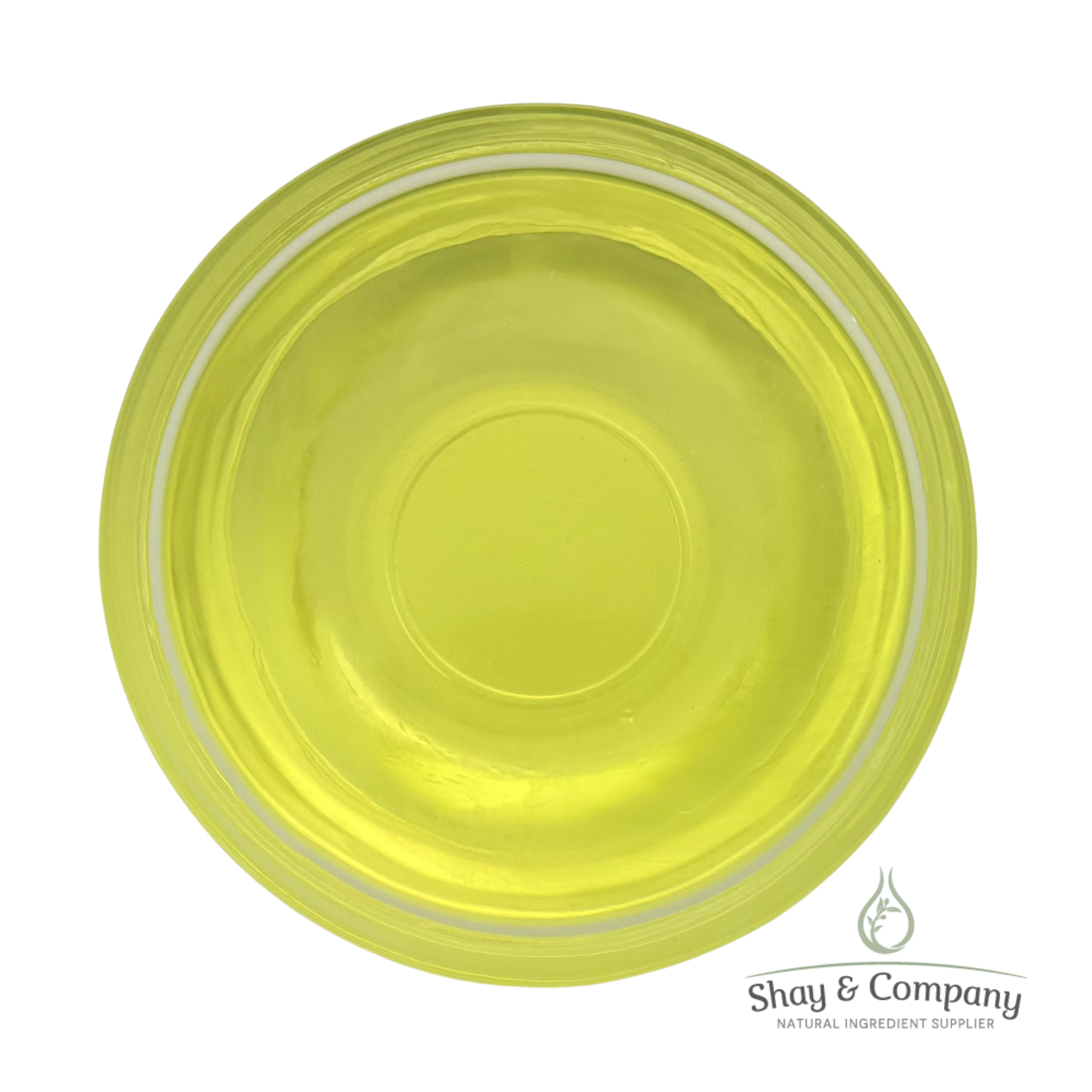Bright yellow-green plastic bowl with concentric rings viewed from above, Shay & Company logo.