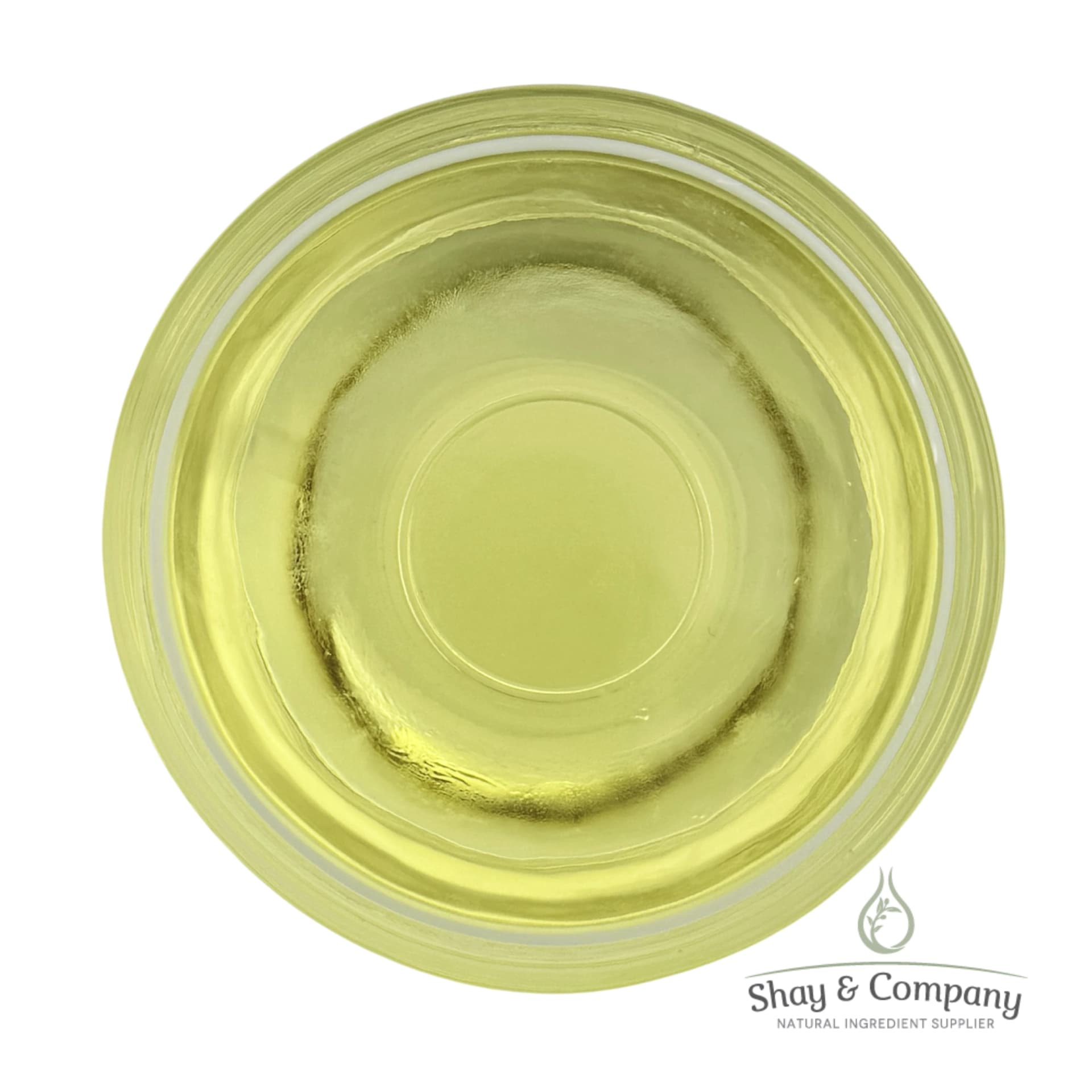 Top-down view of pale yellow natural oil in a clear glass dish from Shay & Company ingredient supplier.