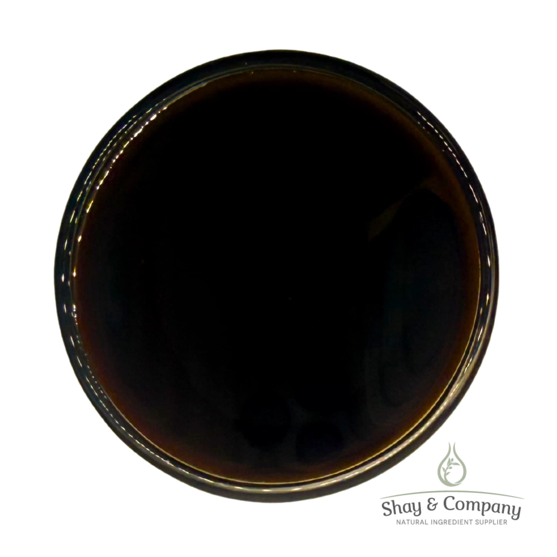 Dark brown liquid in glass jar with Shay & Company natural ingredient supplier logo.
