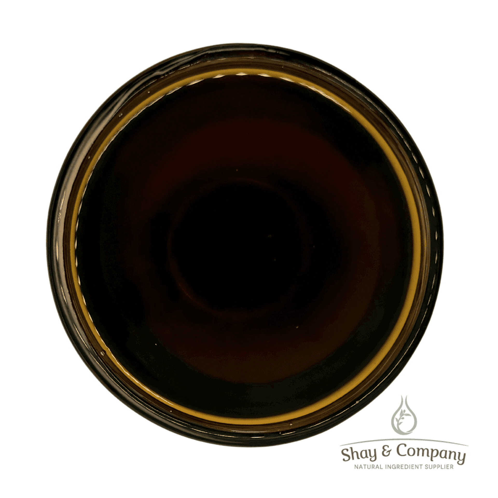 Dark amber glass jar with gold-rimmed lid from Shay & Company natural ingredient supplier.