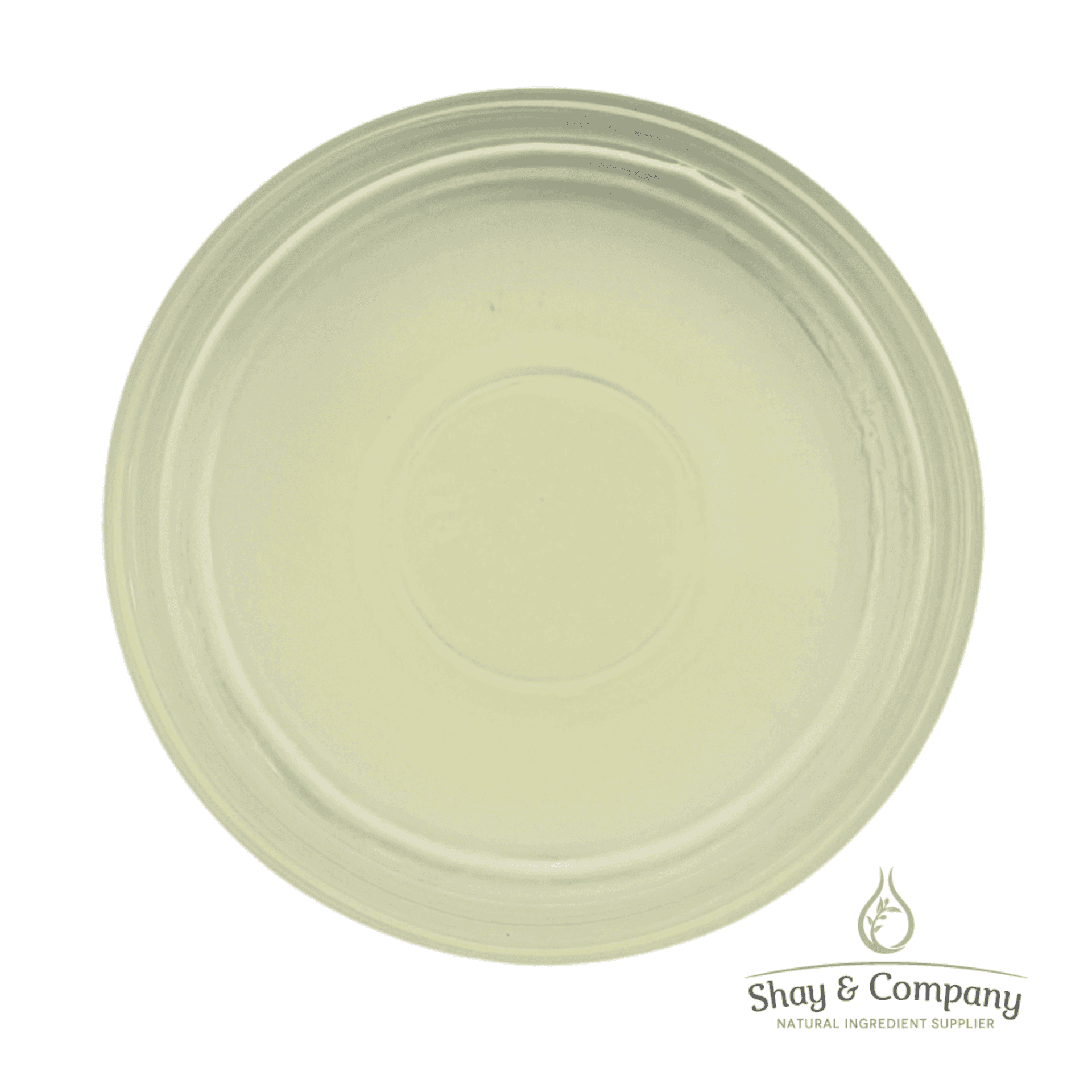 Clear plastic lid with concentric rings and Shay & Company natural ingredient supplier logo in bottom right corner.