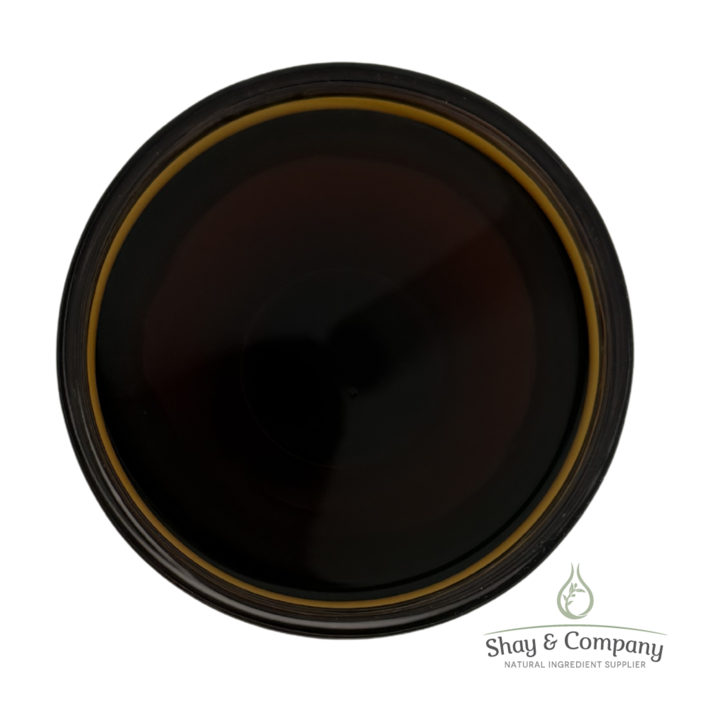 Dark glass jar with gold trim ring from Shay & Company natural ingredient supplier.