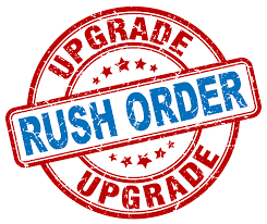 Red and blue stamp graphic showing "RUSH ORDER" and "UPGRADE" text with stars for priority shipping.