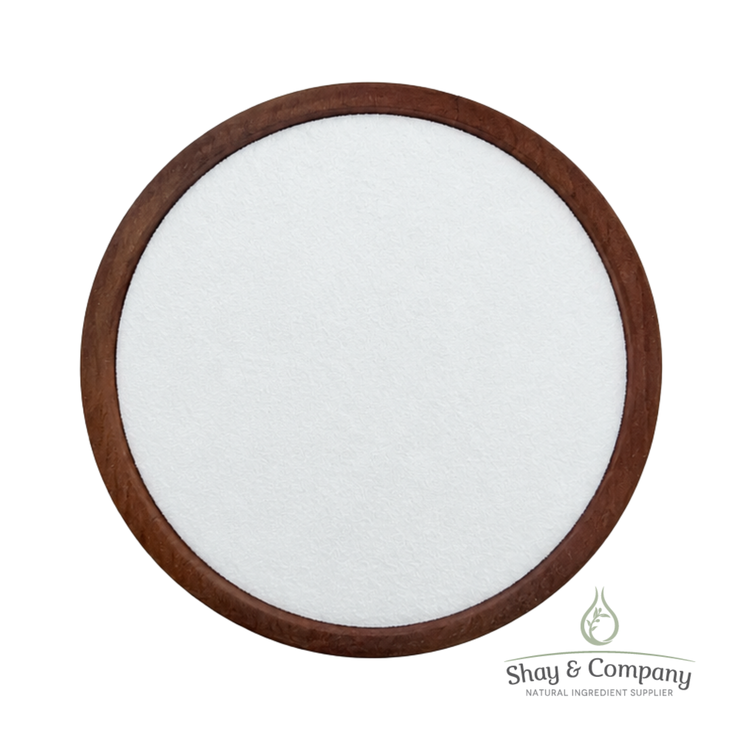 Wooden bowl with white powder ingredient for natural skincare and soap making supplies.