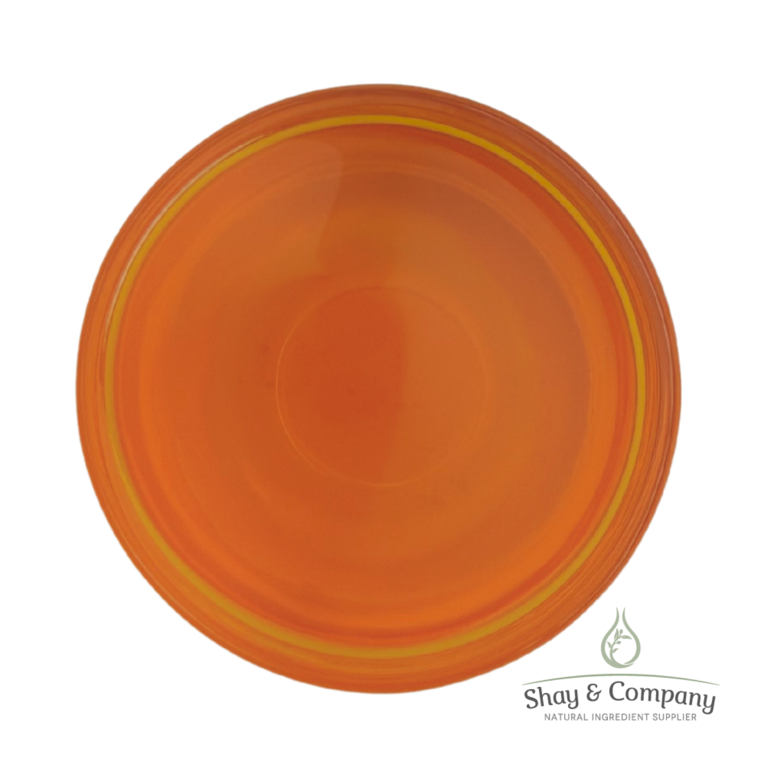 Orange disposable plate with gold trim by Shay & Company natural ingredient supplier.