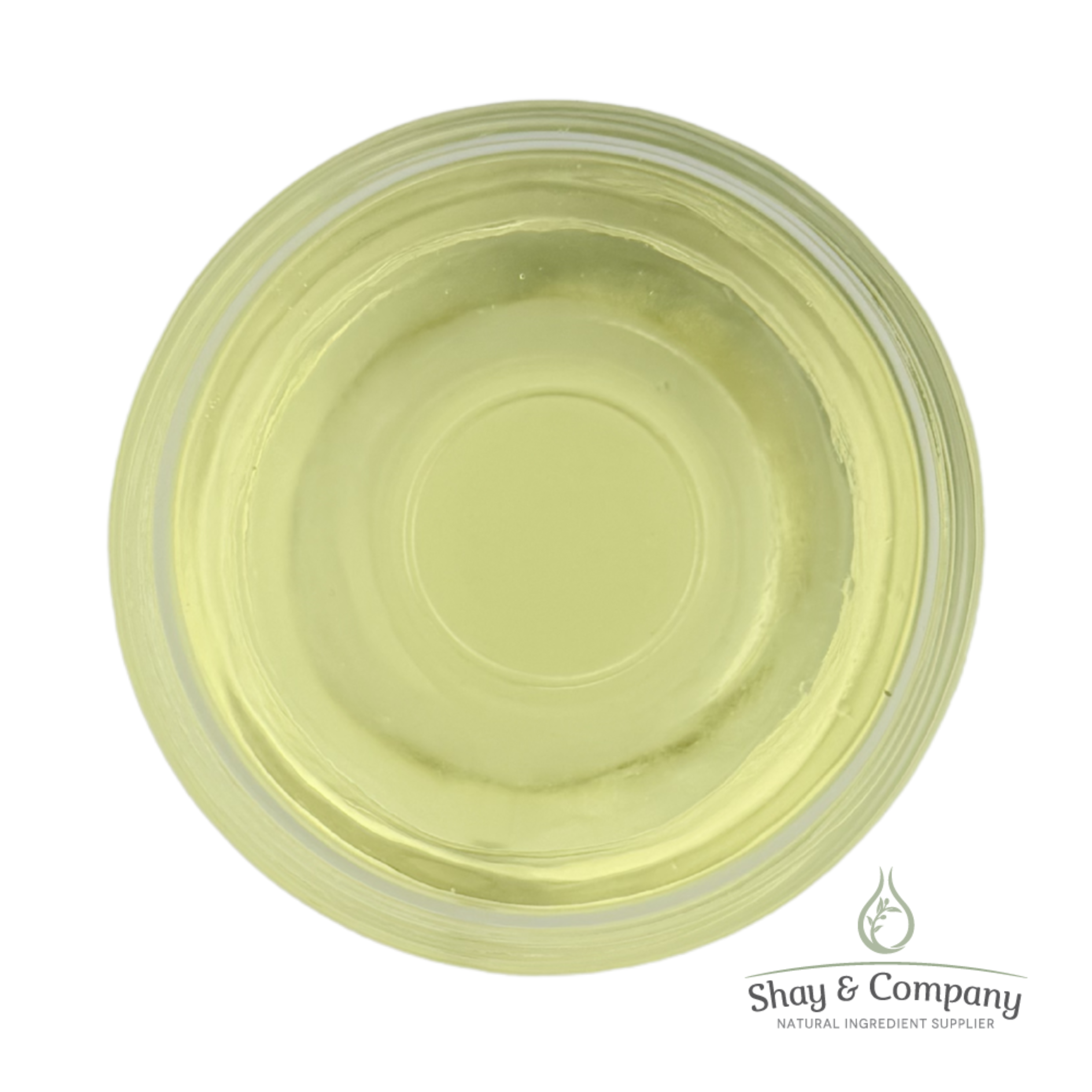 Pale yellow natural oil in clear glass jar with Shay & Company logo visible at bottom right.