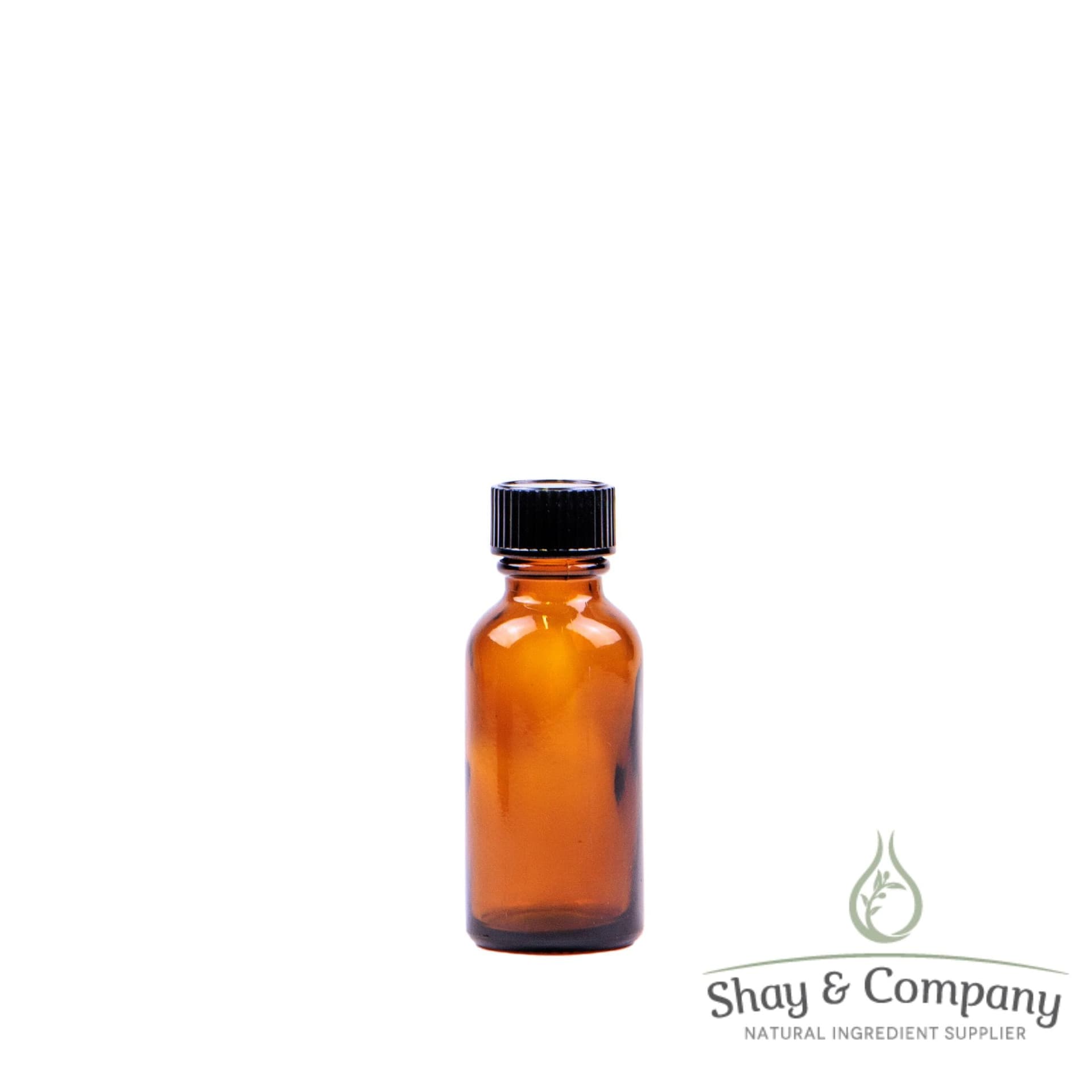 Amber glass bottle with black cap from Shay & Company natural ingredient supplier on white background.