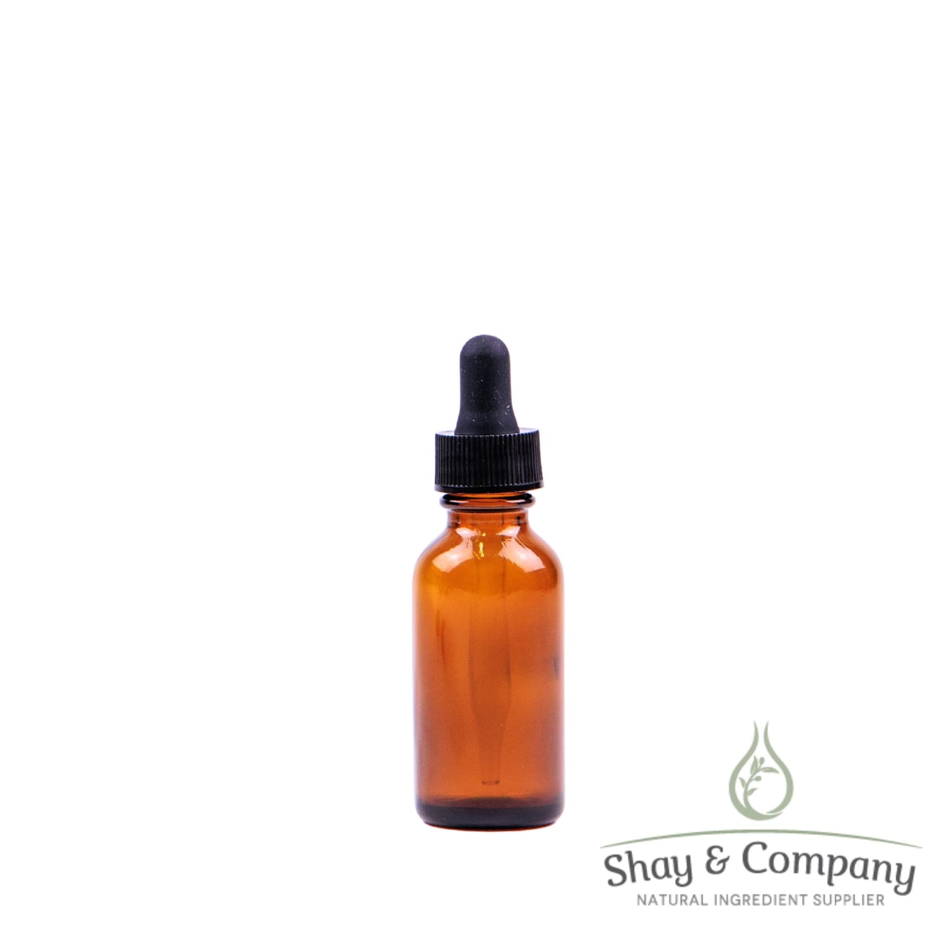 Amber glass dropper bottle with black cap by Shay & Company natural ingredient supplier.