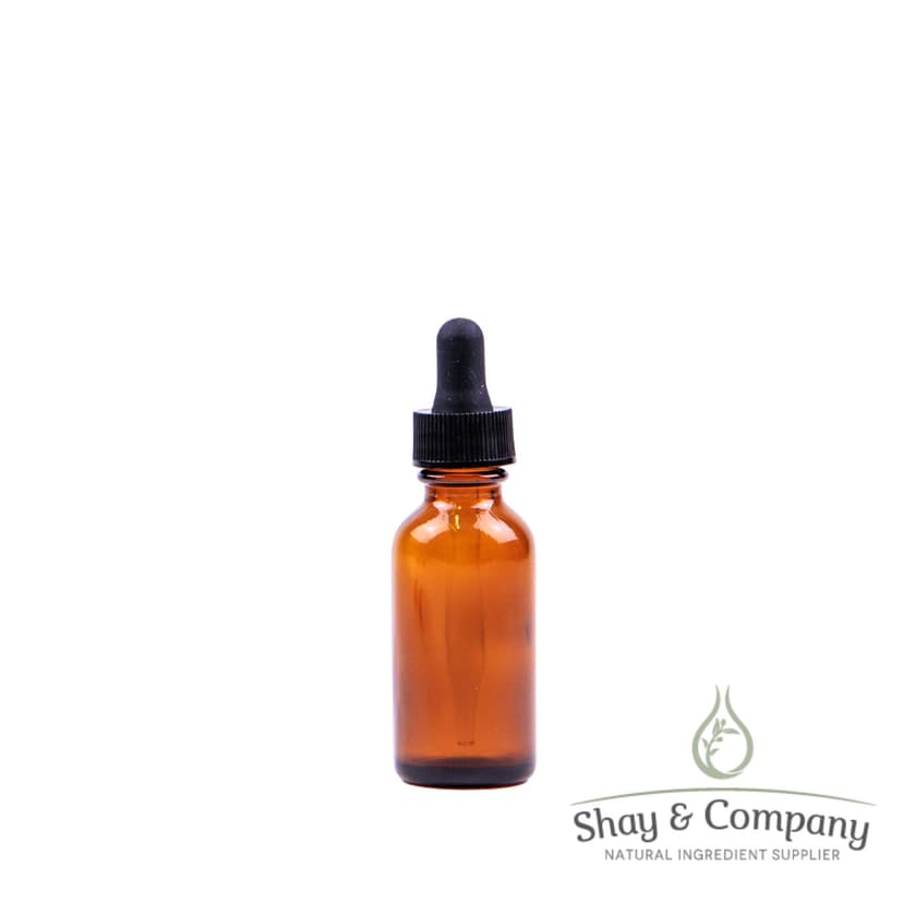 Amber glass dropper bottle with black cap by Shay & Company natural ingredient supplier.