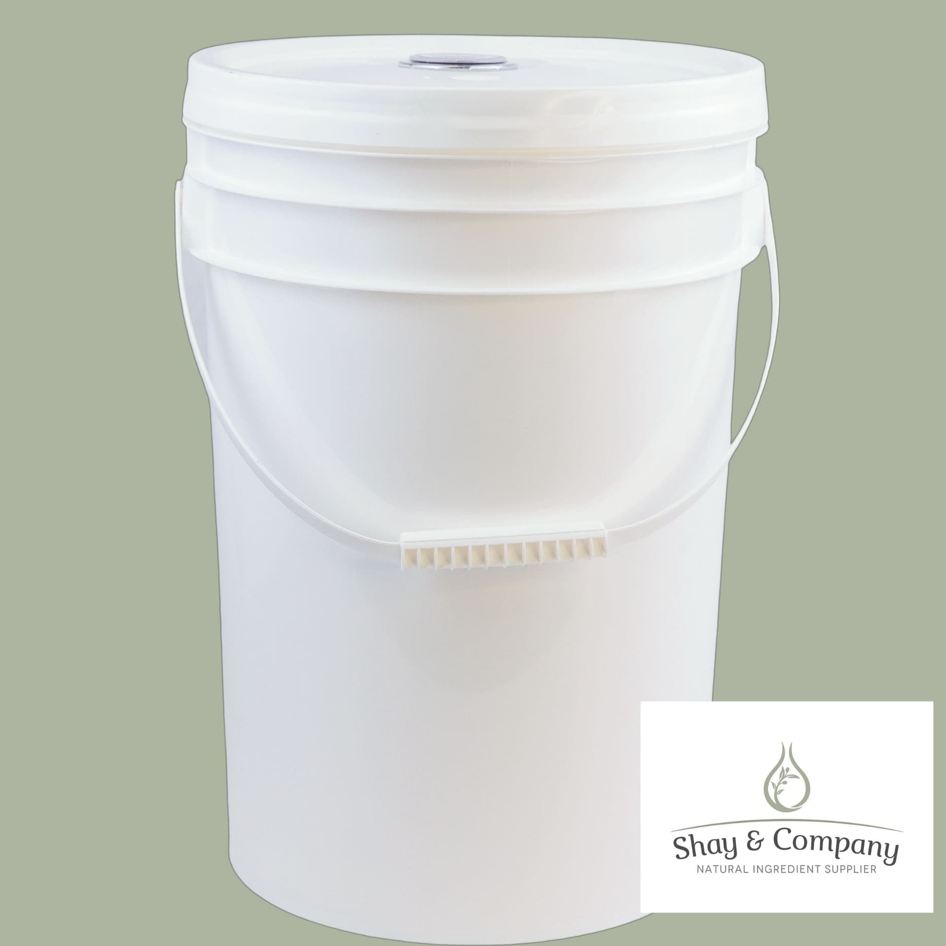 White plastic bucket with lid and handle from Shay & Company natural ingredient supplier.
