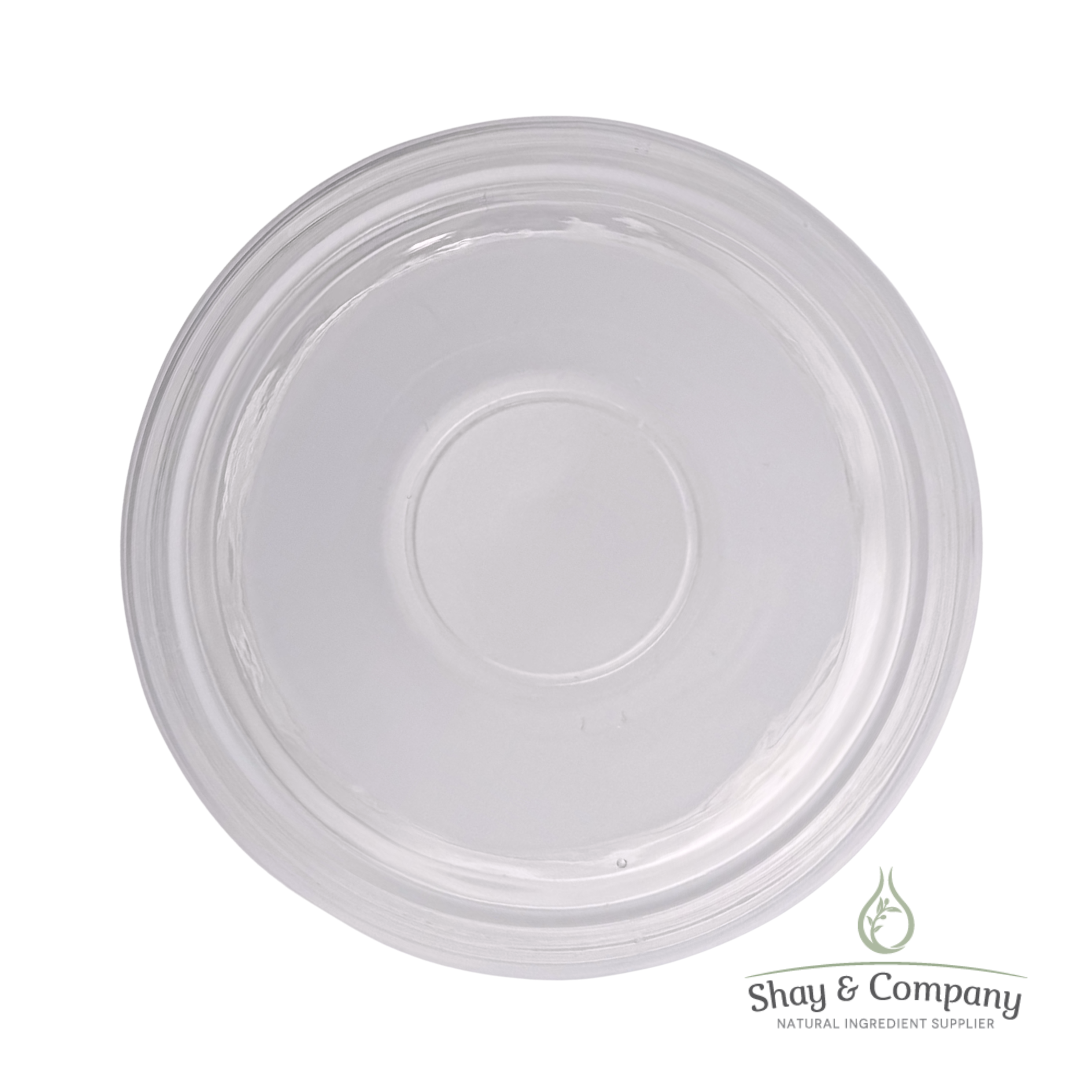 Clear plastic disposable plate with ribbed rim and center circle, Shay & Company logo visible.