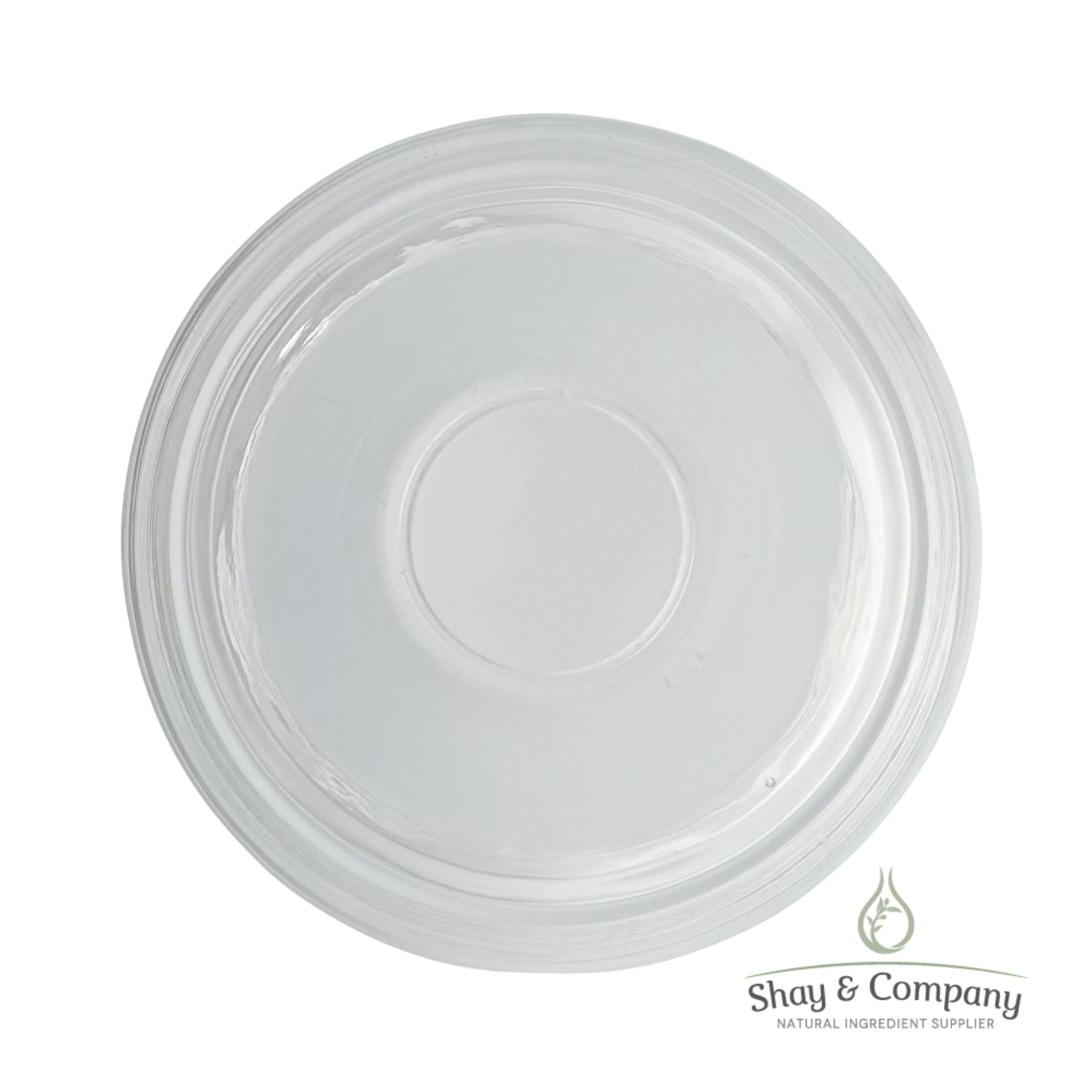 Clear plastic round lid with center circle, Shay & Company natural ingredient supplier logo in corner.