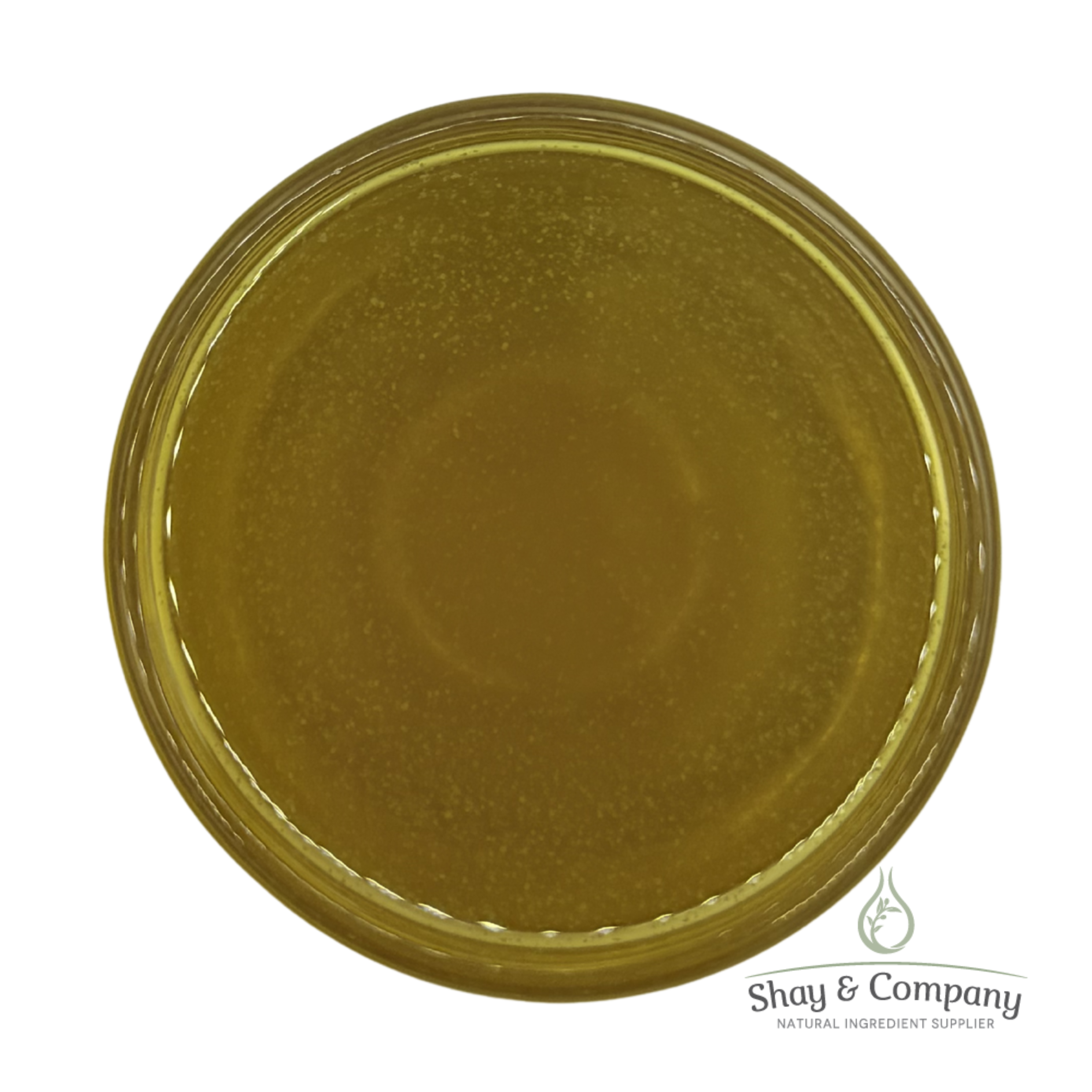 Golden yellow oil in clear glass jar with Shay & Company natural ingredient supplier logo.