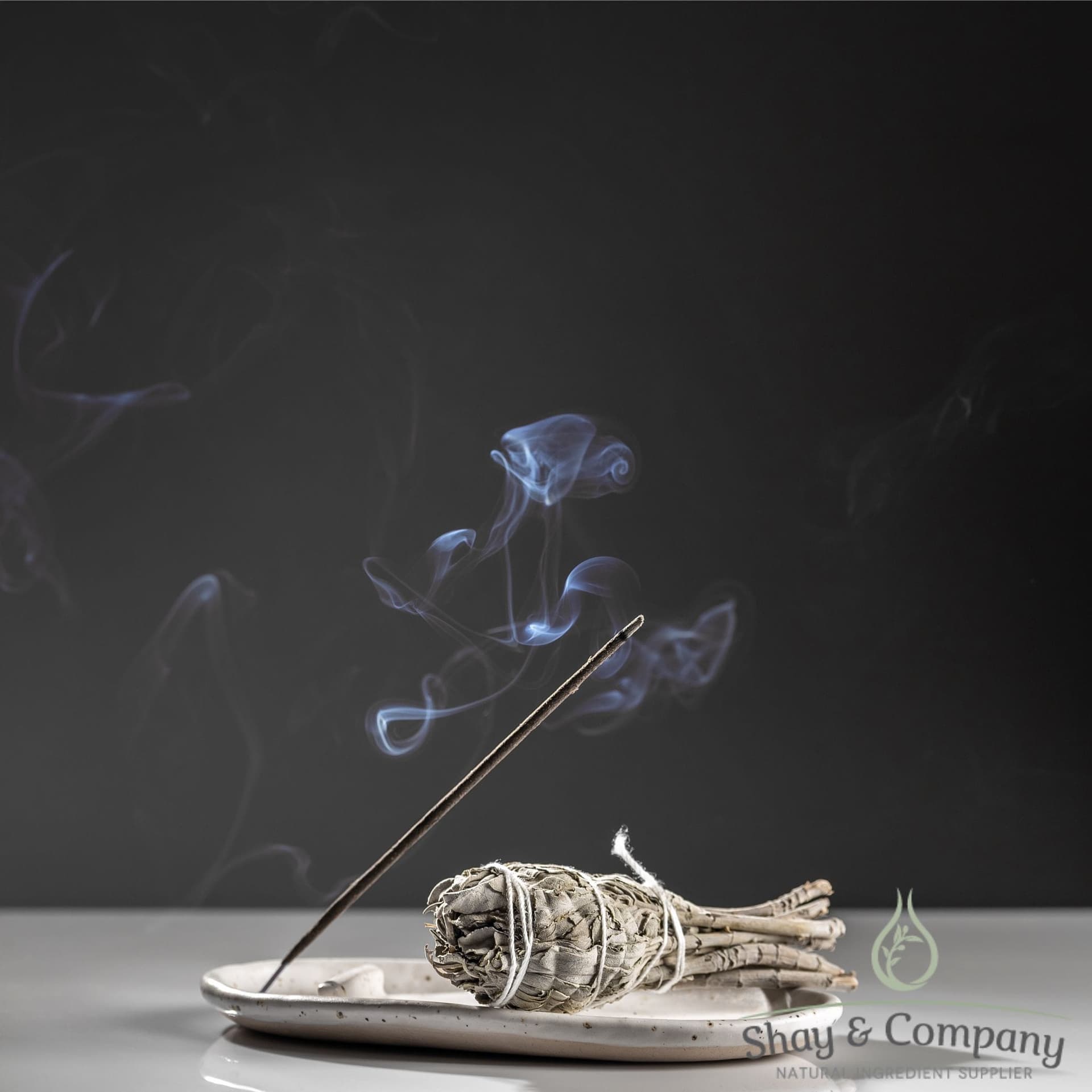 Burning sage bundle on ceramic dish with incense stick producing blue smoke against dark background.