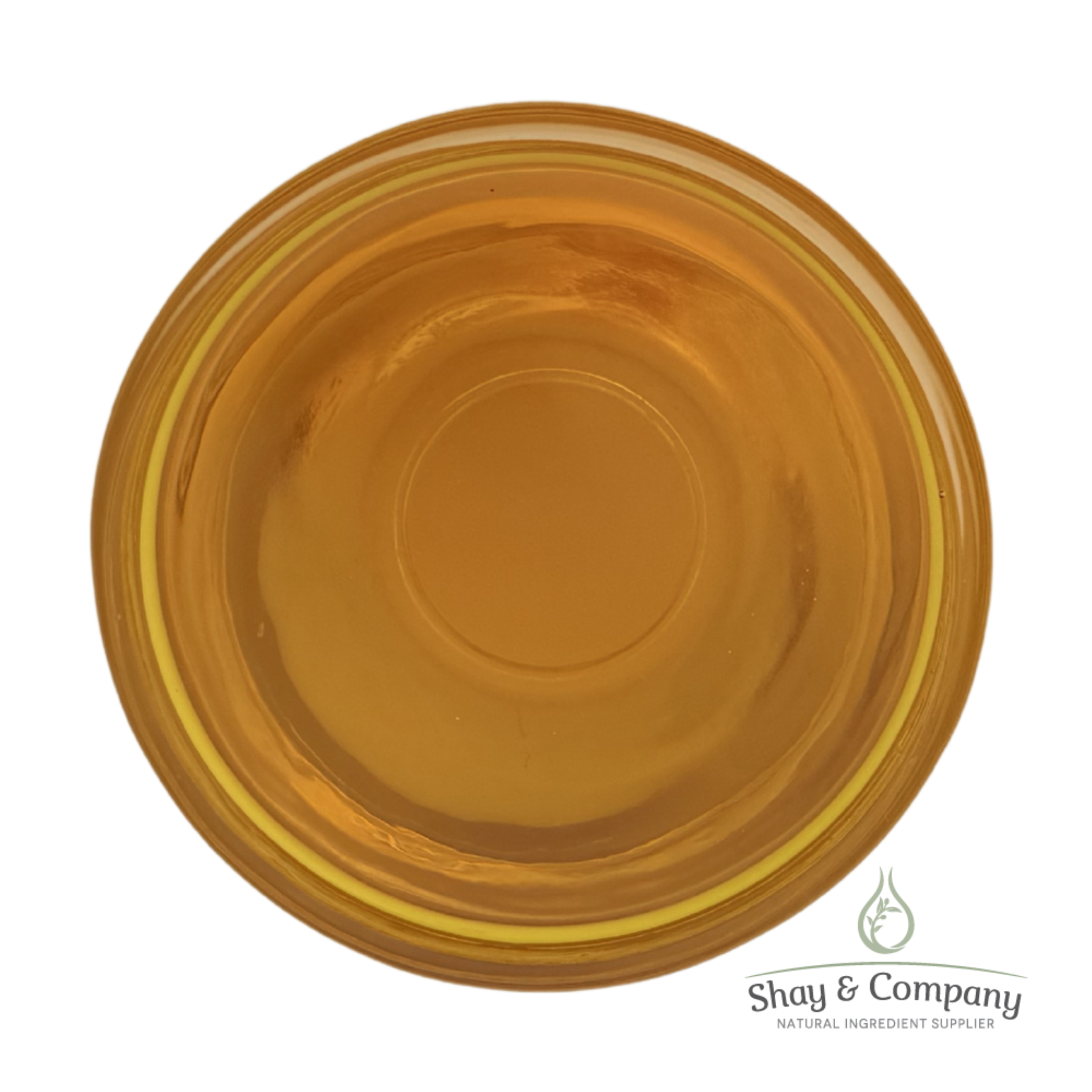 Golden yellow oil or liquid in a circular bowl viewed from above, branded with Shay & Company natural ingredient supplier logo.