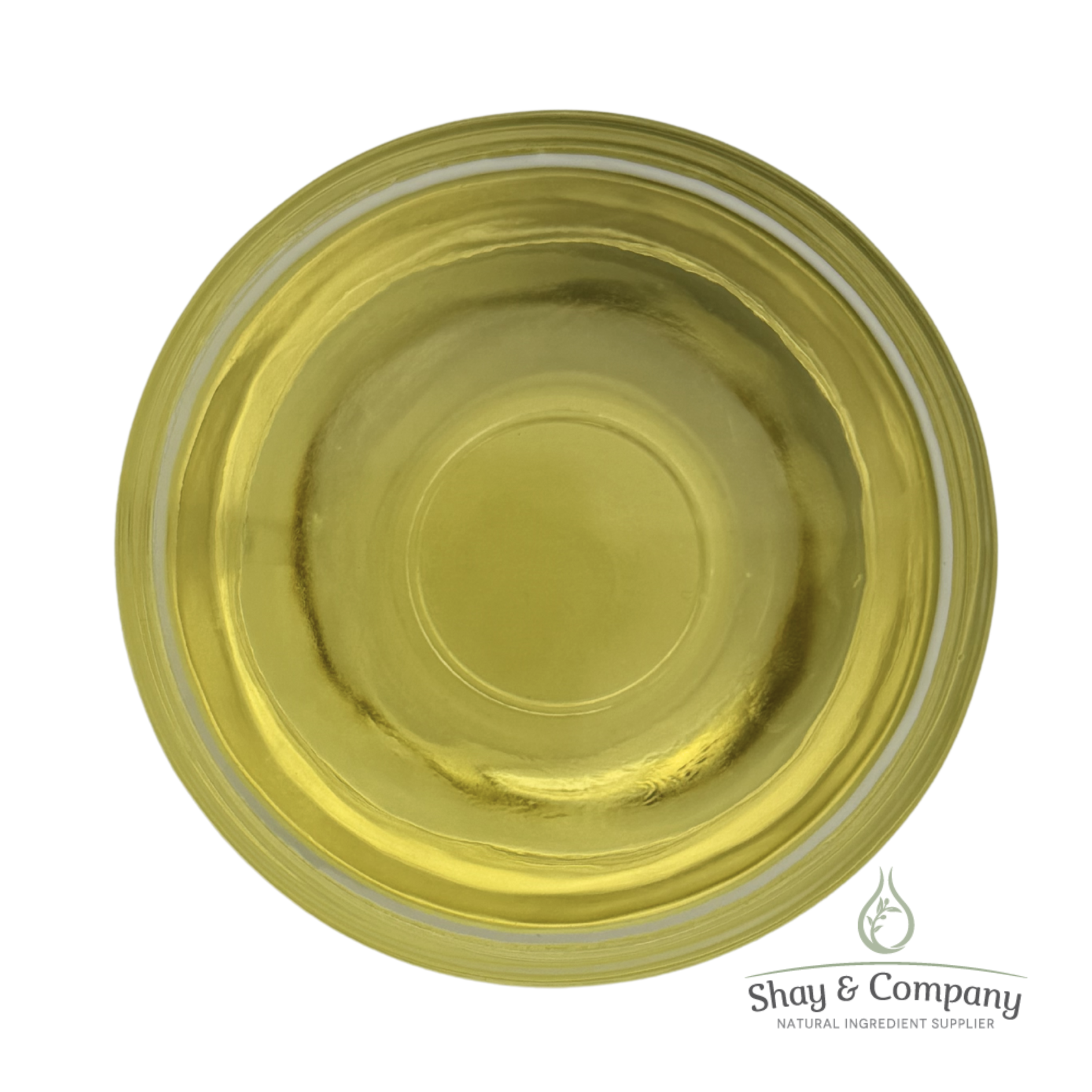 Yellow oil in a glass bowl viewed from above, natural ingredient supplier product.