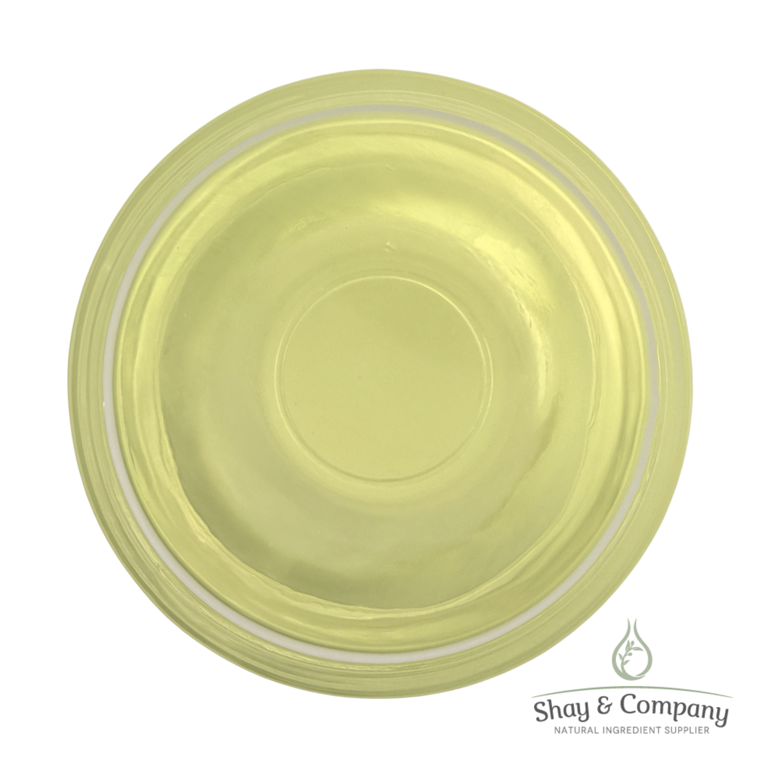 Pale yellow circular container with concentric rings, branded with Shay & Company natural ingredient supplier logo.