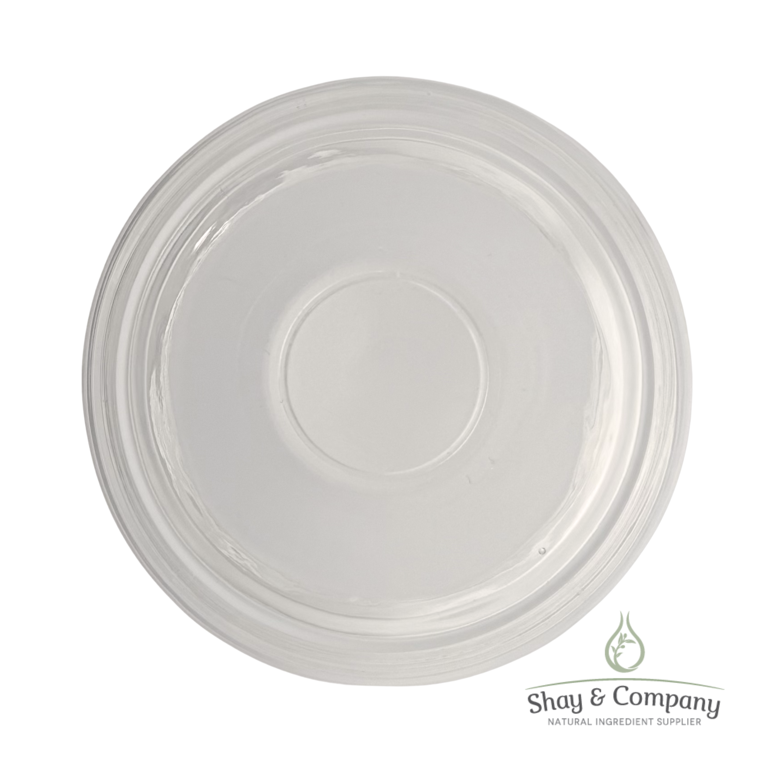 Clear plastic round lid with center circle detail, branded with Shay & Company natural ingredient supplier logo.