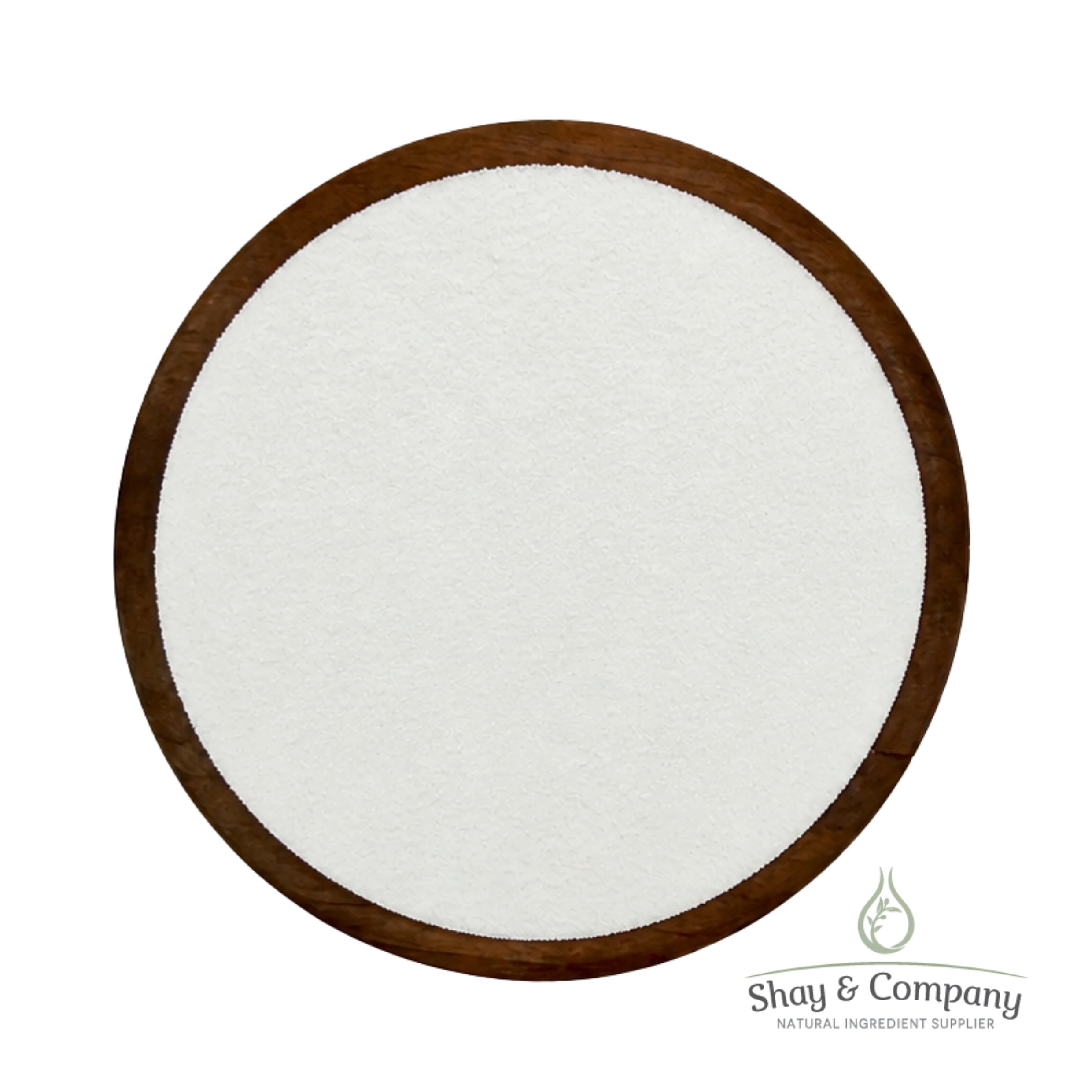 White powder in a wooden bowl, natural ingredient supplier product.