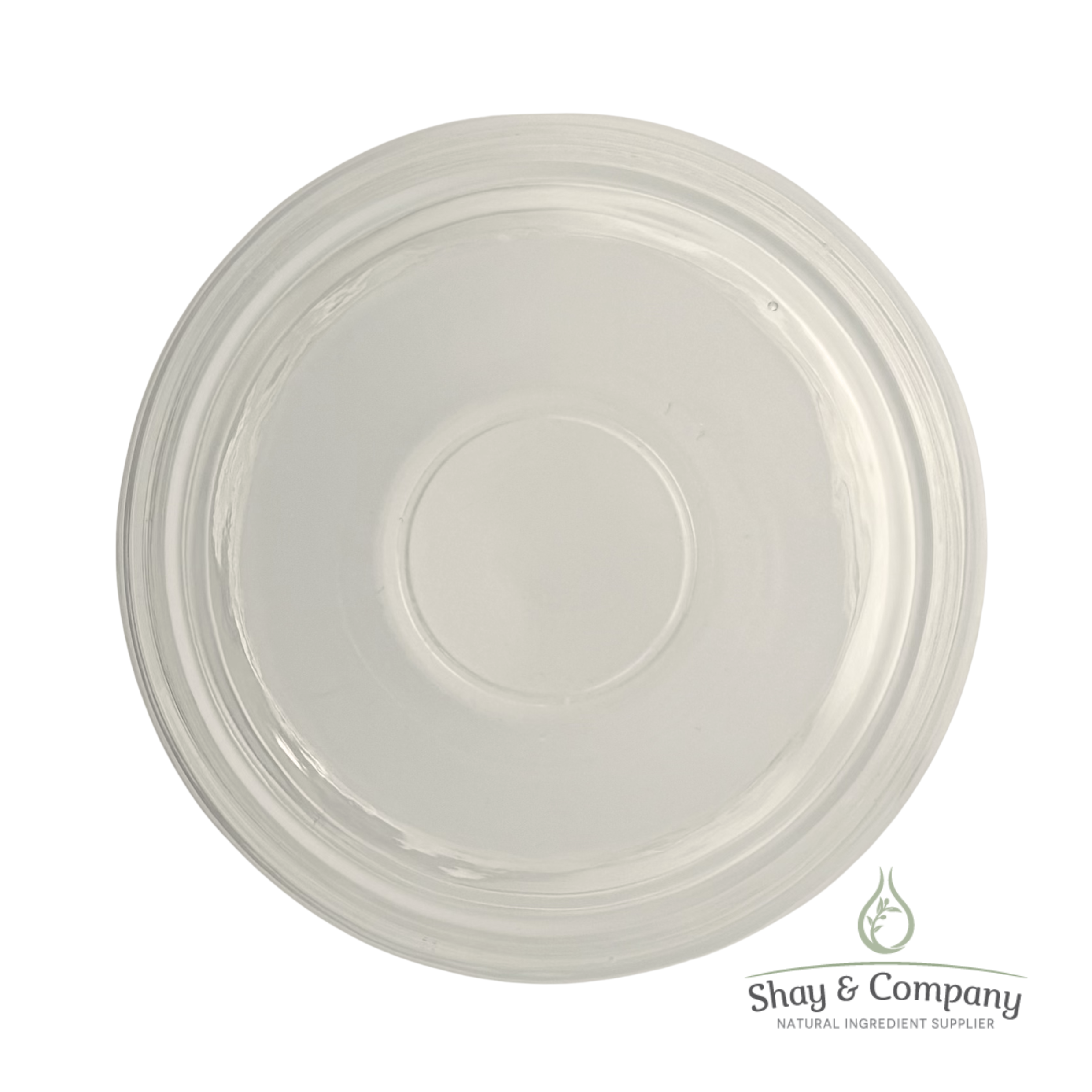 Clear plastic container lid with concentric circles and Shay & Company natural ingredient supplier logo.