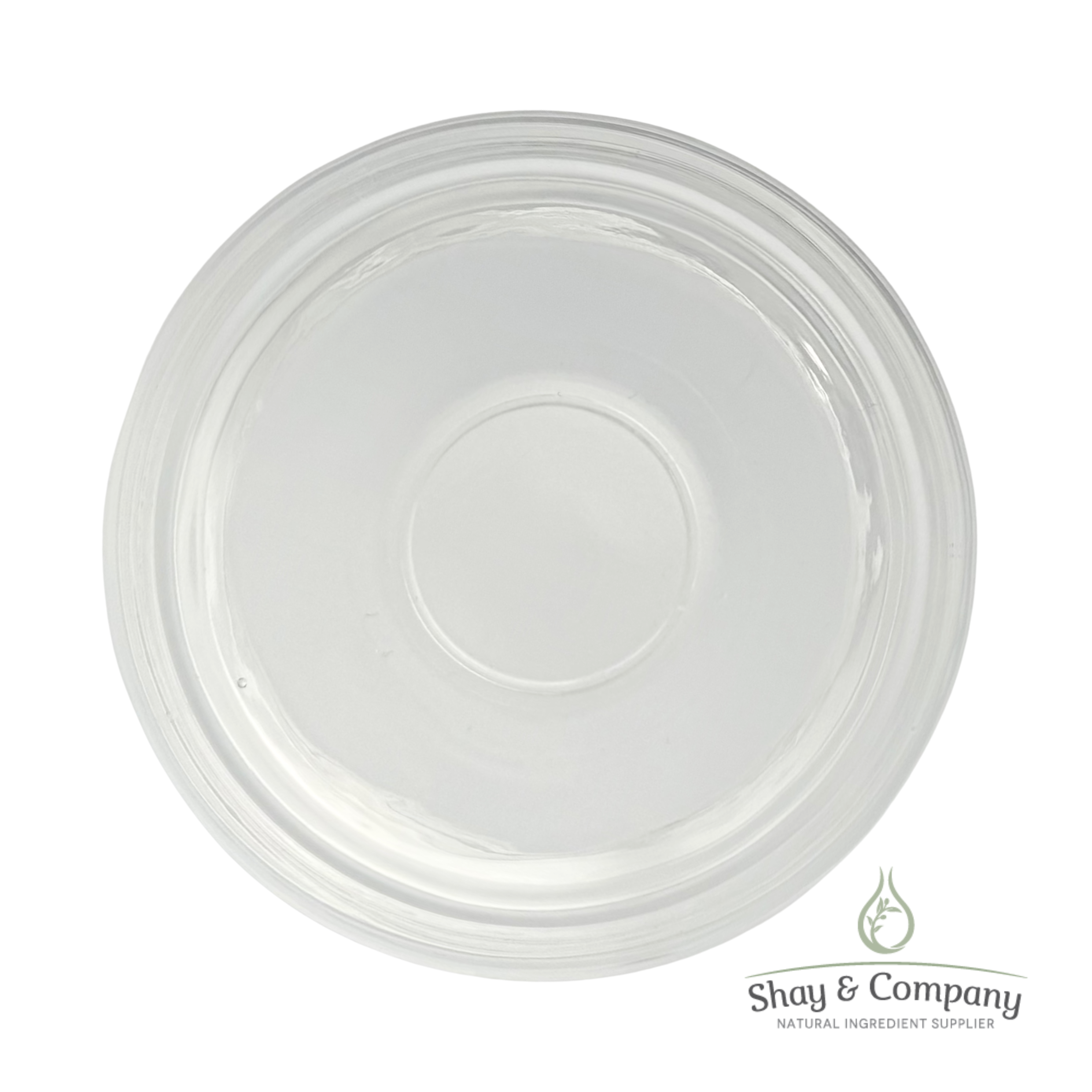 Clear round plastic container lid with Shay & Company natural ingredient supplier logo.